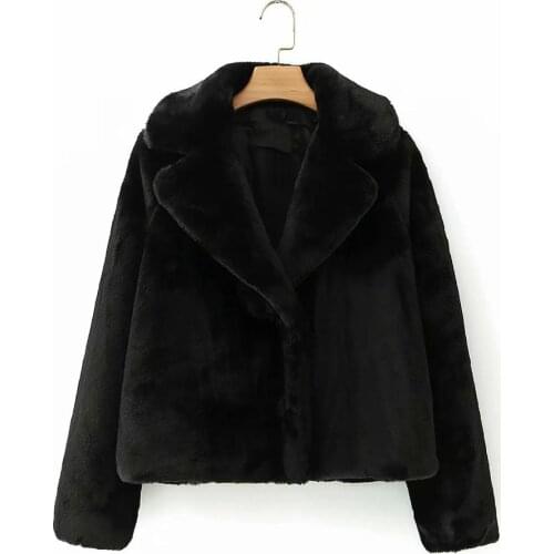 Merodi Winter Stylish Lady Faux Fur Black Thick Jackets Outwear Female Vogue Long Sleeve No Button Hairy Turn-Down Collar Coat