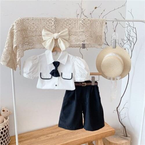 Girls fashion summer sets 2021 new childrens short-sleeved tops baby two-piece girl cotton bowknot cute solid color clothing