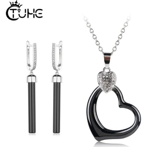 Special Heart Pendant Necklace With Long Drop Earrings Women Fashion Jewlery Set Black White Ceramic Wedding Jewelry Set Gifts