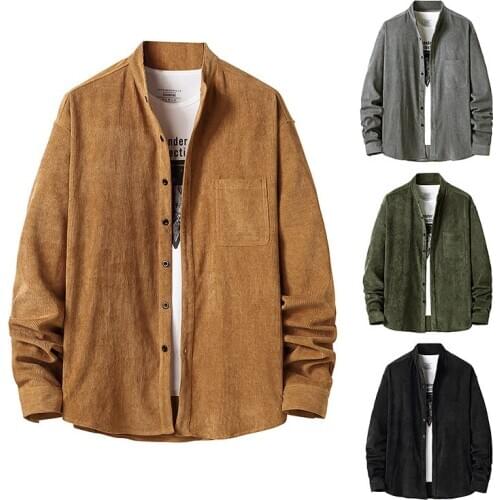 New Casual Mens Retro Corduroy Henry Collar Mens Autumn and Winter Long-Sleeved Shirt Jacket
