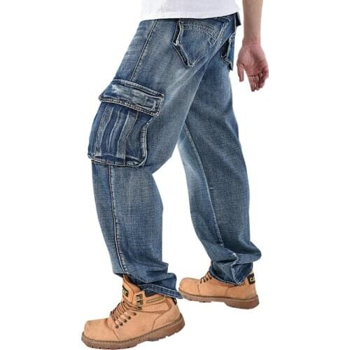 2021 Mens New Loose Pocket Blue Wide Leg Straight Pants Solid Color Casual Pants Baggy Street Dance Hiphop Jeans Fashion Men