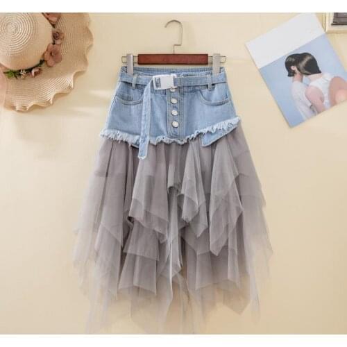 2021 Summer New Fashion Irregular Mesh Stitching A-line Plus Size Jean Skirts Belt Collect Waist High-Waisted Washed Skirts