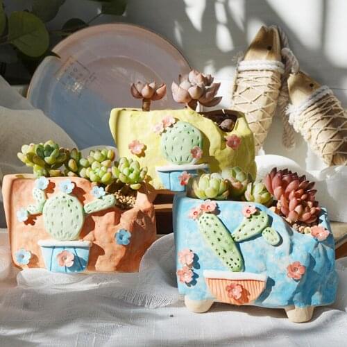Pastoral Handmade Flowers Cute Cactus Ceramic Succulent Pots Creative Desktop Green Plants Potted Ornaments Creative Gardening