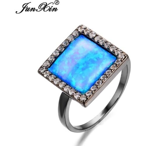 Size 6/7/8/9 Fashion Jewelry Princess Cut Ocean Blue Opal Rings White 10KT Black Gold Filled Women Wedding Ring