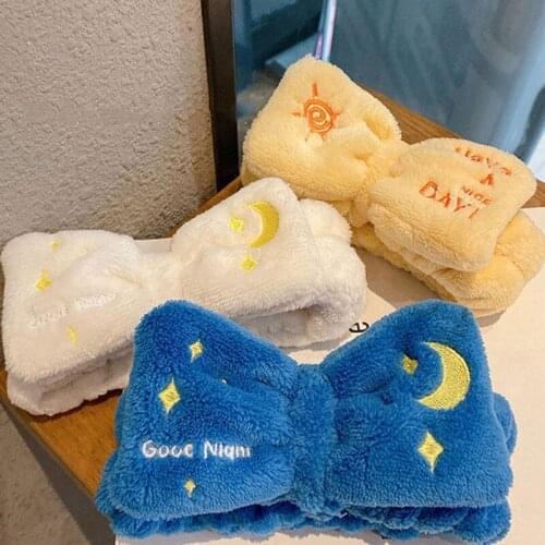 Sun Moon And Stars Embroidered Coral Fleece Wash Face Bow Hairbands Women Girls Headbands Comfortable Headwear Hair Accessories