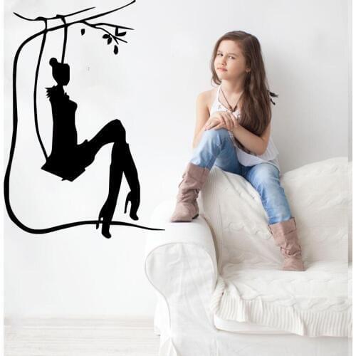 Salon Girl On Swing Silhouette Art Design Wall Sticker Vinyl Wall Mural Home Bedroom Sweet Decor Quality Wallpaper Decals Q-44