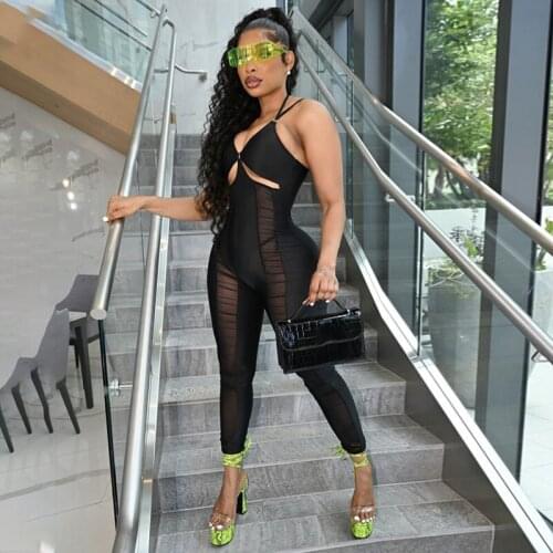 Mesh Patchwork Hollow Out Strap Jumpsuit Bodycon Skinny Off Shoulder Sexy Streetwear Club 2021 Summer Clothes Rompers