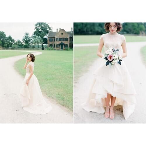 Unique Lace Appliques Tulle Thick See Through Bodice A-Line High Low Vestidos De Noiva bridal gown mother of the bride dresses