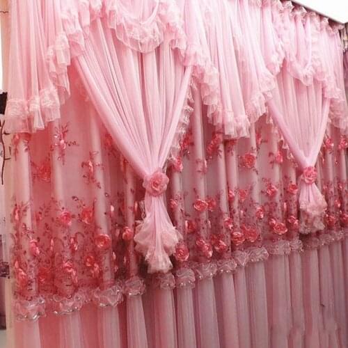 High Quality Lace Curtain Princess Beautiful Living Room Curtains Bedroom Wedding Flower Pink Purple Curtains 4 layers