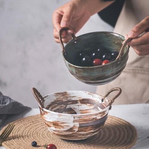 Japan Handmade Pottery Bowls With Braided Rope Handle Creative Big Fruit Salad Soup Bowl Ceramic Vintage Dinnerware Table Decor