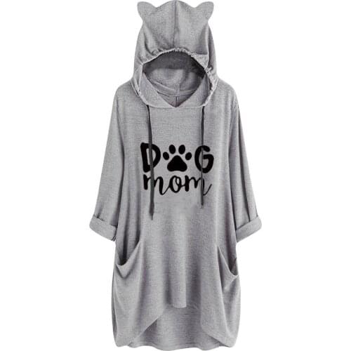 Street Cats Print Women Hoodie Women Casual Hooded Long Sleeves Cat Ear Print Pocket Shirt Irregular Top Sweatshirt Street 2021