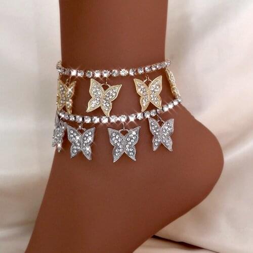 Flatfoosie 2021 Fashion Crystal Butterfly Anklets For Women Summer Barefoot Ankle Bracelet Rhinestone Foot Chain On Leg Jewelry