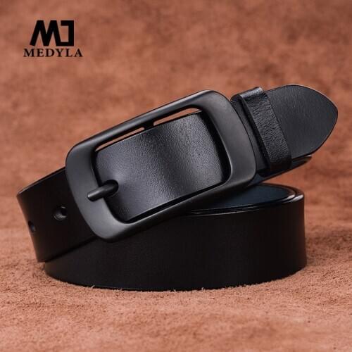 MEDYLA Women Belt Cow Genuine Leather Black Alloy Pin Buckle Fashion Casual Belts Style Design Original Brand ZK001