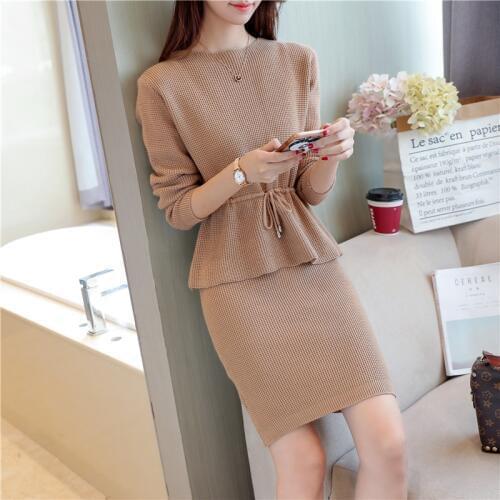 Womens temperament package hip skirt fashion suit womens spring and autumn new tie with solid color sweater + skirt two-piece