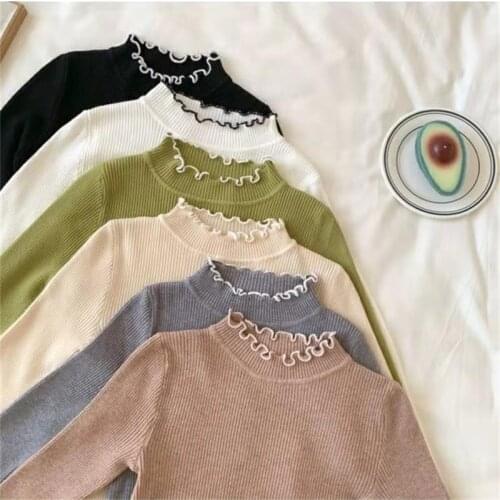 2021 Fall Winter Ruffles Sweater Turtleneck Ruched Women Sweaters High Elastic Solid Female Slim Sexy Knitted Pullovers