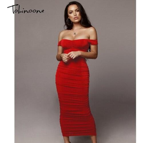 Tobinoone Ruched Solid White Elegant Midi Dress Women Off Shoulder Soft Bodycon Dresses Backless High Waist Sexy Party Vestidos