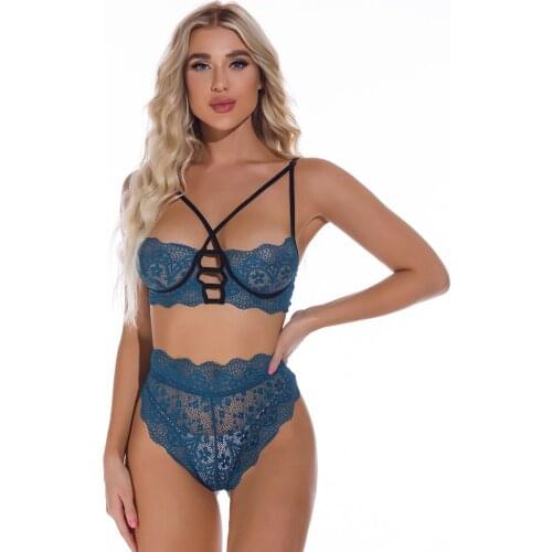 Women Sexy Lingerie Nightwear Lace Embroidery Push Up Bra and High Waist Strappy Panties Set Babydoll Lingerie Erotic Underwear