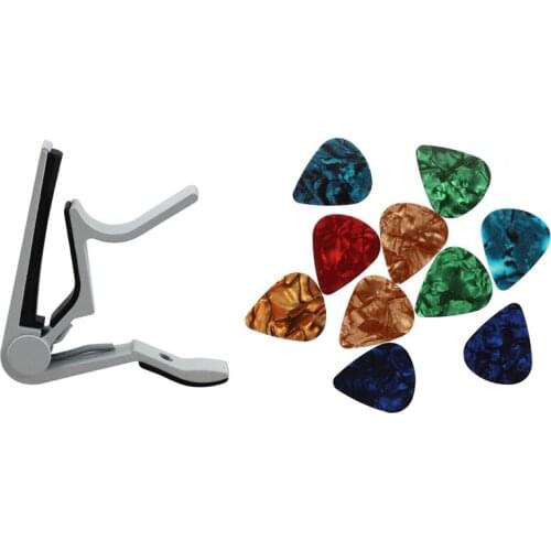 1Pcs White-Handed Guitar Capo Clip Trigger with Quick Change & 10 Pcs Stylish Colorful Celluloid Guitar Pick 0.71mm