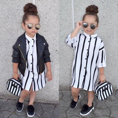 2021 New Kids Baby Girls White Black Stripes Dress Long Sleeve Shirt Childrens Clothing Summer Girls Casual Dresses 1-6Y