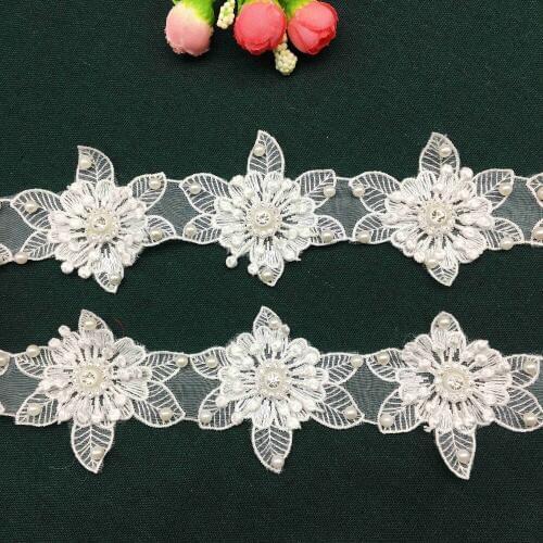 20X Soluble Polyester Pearl Flower 3D Diamond Laces Fabric Embroidered Applique Lace Trim Crochet Dress Hat Decoration