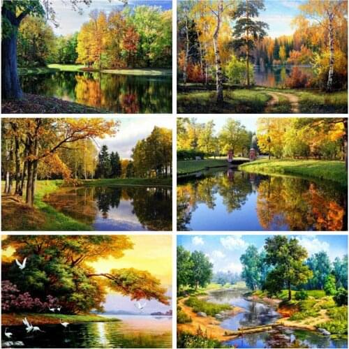 EverShine 5D DIY Diamond Painting Landscape Picture Of Rhinestones Diamond Mosaic Autumn Cross Stitch Lake Wall Art Needlework