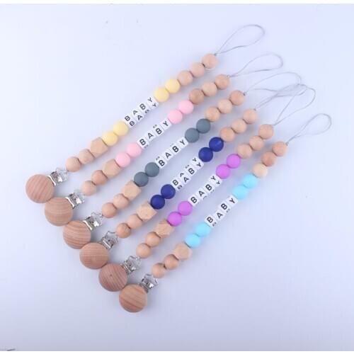 Infant Safe Silicone Nipple Beads Wooden Clip Anti-Lost Soother Clip/Chain New Baby Chew Toys Chain Baby Pacifier Chain