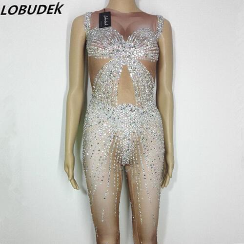 Sparkly Rhinestones Elastic Nude Color Jumpsuit Female Singer Nightclub Stage Outfit Party Birthday Celebration Dance Costume