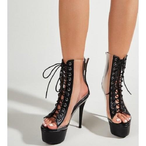 IPPEUM Women Sexy High Heels Platform Short Boots Fashion PVC Transparent Female Ankle Boots Summer Peep Toe Rainboots Shoes
