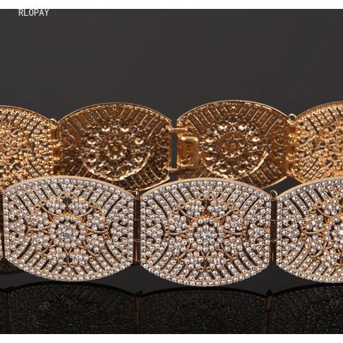 Full Crystals Women Waist Chains In Gold Arabic Robe Wedding Body Jewelry Hollow Out Bridal Belts Mulism Metal Belts