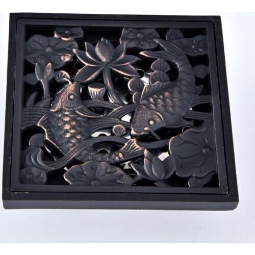 Black Oil Rubbed Bronze Carved Flower Animal Fish Pattern Bathroom Shower Drain 4" Square Floor Drain Waste Grates ahr088
