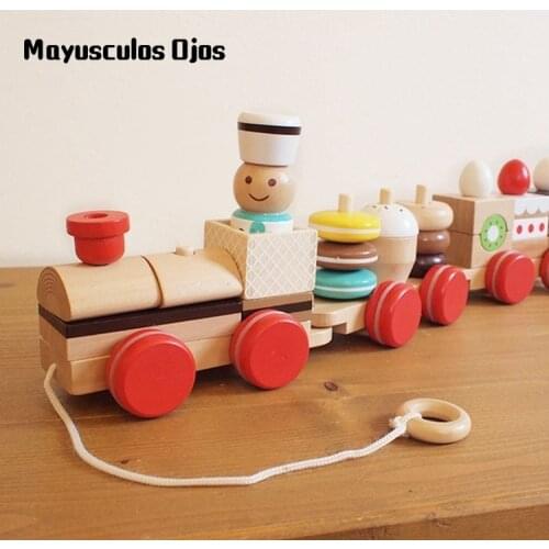 Childrens Wooden Trailer Toy Snacks Stacked Blocks Building Cart Three Trains