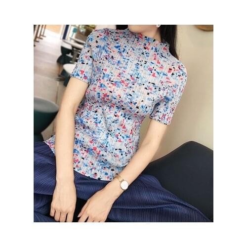 HOT SELLING Miyake fold stand collar print short sleeve T-shirt IN STOCK