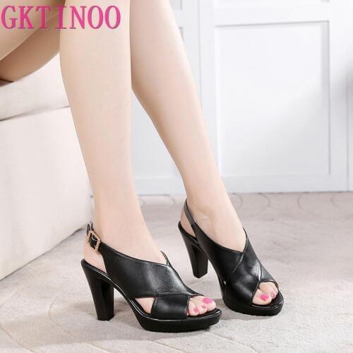 GKTINOO Open Toe Genuine Leather Platform Sandals Woman Summer 2020 High Heels Sandals Women Sexy Office Shoes Plus Size 33-43
