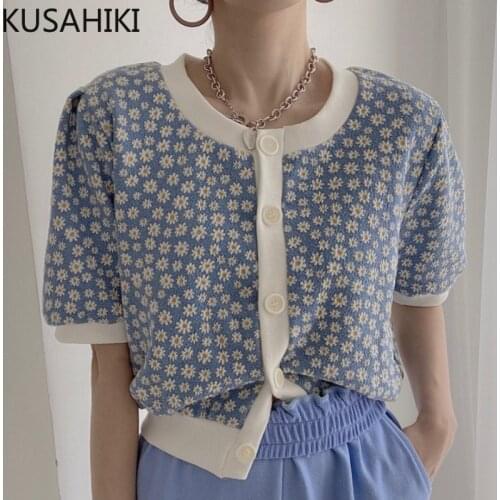 KUSAHIKI Floral Hit Color Patchwork Knitted Women Cardigan Puff Short Sleeve O-neck Causal Sweater Coat 2021 New Knitwear 6G500