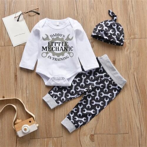 3pcs Infant Baby Toddler Newborn Baby Boy Girl Unisex Outfit Set Romper Tops Wrench Long Pant Hat Casual Cute Fashion 0-18m