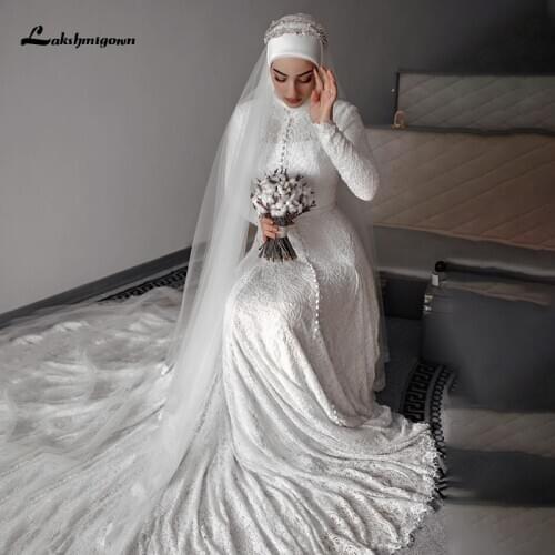 Lakshmigown Lace Robe De Mariage Long Sleeve A Line Muslim Wedding Dress with hijab bridal dress plus size Vestidoe De Noiva