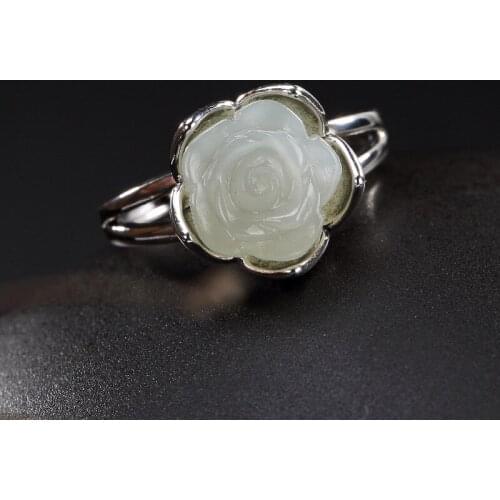 Hot Sale S925 pure silver inlay restoring ancient ways ms hetian jade white jade roses open ring ring wholesale