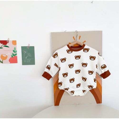 FOCUSNORM 0-24M Lovely Baby Girls Boys Autumn Rompers Cartoon Bear Printed Long Sleeve Button Jumpsuits