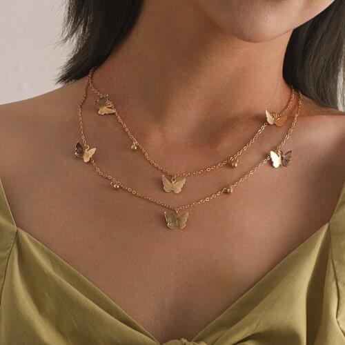 Multi-layer Trendy Gold Silver Color Butterfly Pendant Necklace Charm Women Personality Simple Geometric Choker Necklace Jewelry