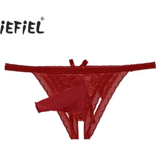 IEFiEL Men Floral Pattern Bulge Pouch Briefs Crotchless See-through T-back Elastic Waistband Hallow Out Underwear Exotic Panties