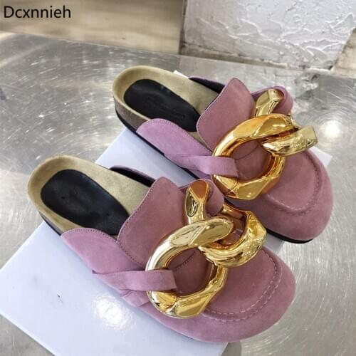 Gold Chain Women Slippers Suede Leather Mules Round Toe Casual Flat Brand Shoes Woman Autumn Slides Designer Slippers For Women