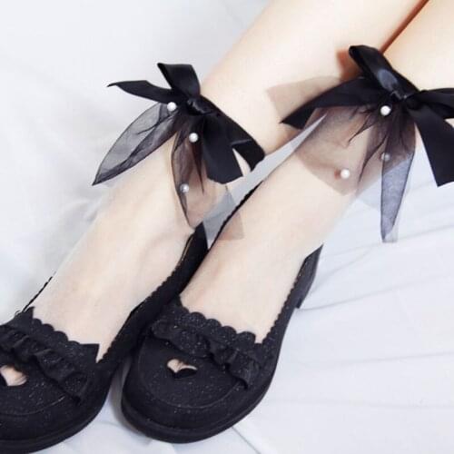 Summer Pearl Lace Bow Mesh Glass Sock Princess Sweet Cute Lolita Socks Casual Thin Transparent Fresh Solid Colors Short Socks