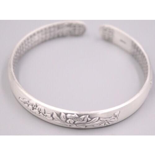 New Pure 999 Fine Silver Bracelet Width 8mm Lotus Flower Cuff Bangle 55-60mm About 35g