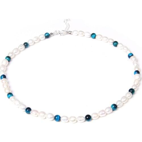 Natural Freshwater Pearls Necklace Women Royal Blue Tiger Eye Pendant Choker Vintage Femme Jewelry Elegant Chain Party Accessory