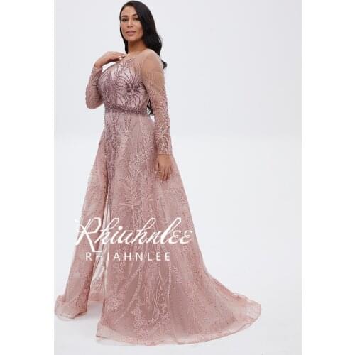 Rhiahnlee Dubai Long Sleeve Pink Evening Dresses Scoop Neckline Lace Beading Floor Length Evening Gowns RA0026