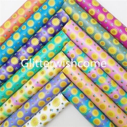 Glitterwishcome 21X29CM A4 Size Sunflowers Printed Synthetic Leather fabric Vinyl for Bows, GM904A