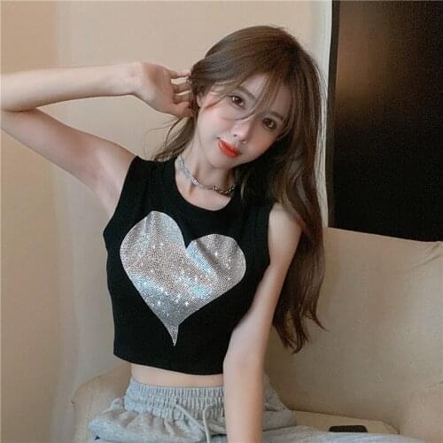 Off Shoulder Sleeveless Skinny Diamonds Crop Top Summer Style Fashion Korean Clothes Slim Woman Tshirts Y2k Tees Ladies New