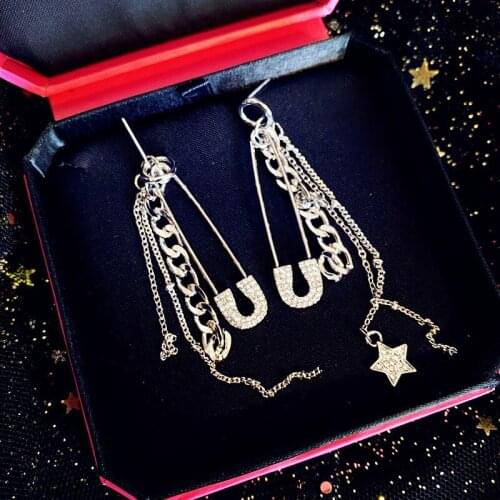 2020 New Fashion Tassel Asymmetric Pin Chain Earring Korean Exaggerate Safety Crystal Pin Earrings For Women Dangle Jewelry