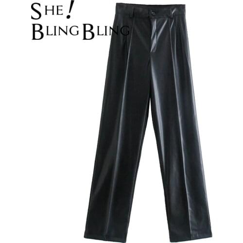 SheBlingBling Za Woman 2021 Casual Traf Trousers Autumn Button Front Straight Leg Long Pants High Waist Faux PU Leather Pants
