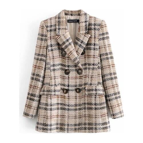 Za Women 2021 New Fashion Double Breasted Tweed Check Blazer Coat Vintage Long Sleeve Female Outerwear+Casual shorts skirts Suit